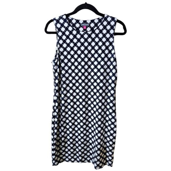 VINCE CAMUTO Navy & White Polka Dot Sleeveless Sheath Dress - Size Large - Picture 1 of 8